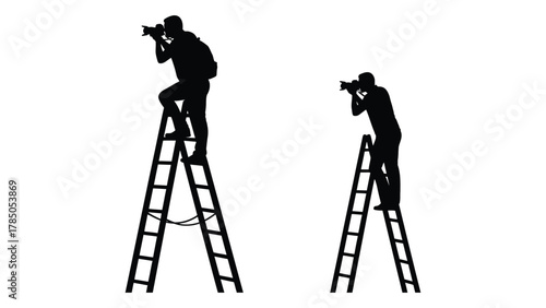Photographers on ladders silhouettes isolated on white background, Vector