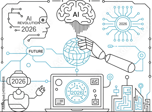 Futuristic concept art of artificial intelligence and robotics with a human brain and robot hand