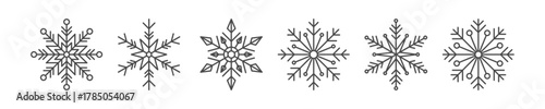 Set of thin line snowflakes, winter holidays new year and christmas snowflake elements.