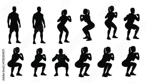 Squat exercise silhouettes isolated on white background, Vector