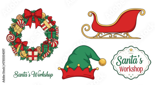 Elegant Santa Workshop Vector Elements with toy wreath and sleigh for Christmas branding