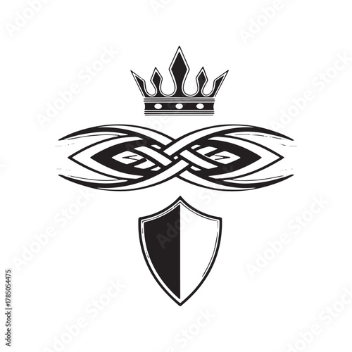 Crown Shield and Intertwined Design Black and White Symbol