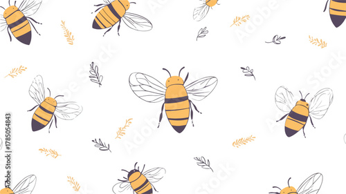 Cartoon seamless pattern of cute flying bees, insects, and flowers for a nature or honey themed vector design