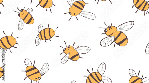 A seamless cartoon vector illustration of a cute yellow bee insect flying over a flower