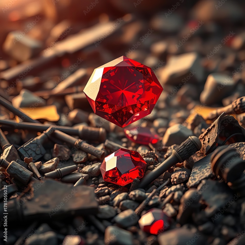 Fototapeta premium Crimson gem glitters amidst war debris, symbolizing illicit trade, earth, mineral