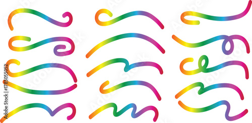 Collection of Rainbow Swirls and Flourishes on White Background Keywords: swirl, flourish, curve