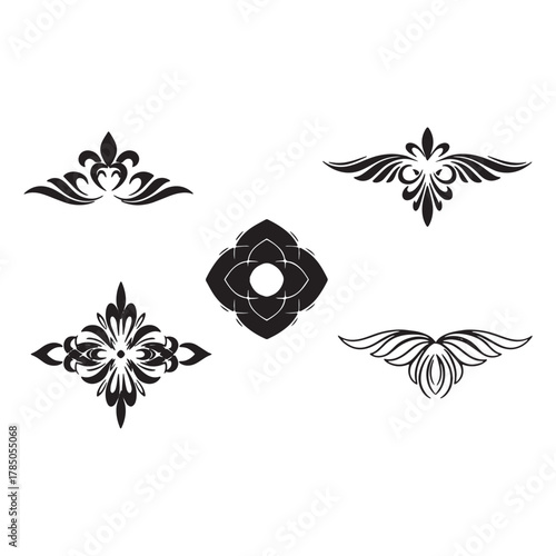 Five black decorative ornamental elements with floral motifs