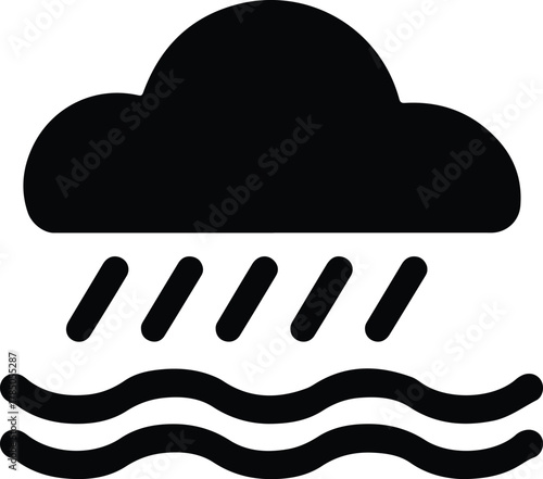 Cloud raining on wavy water icon weather storm