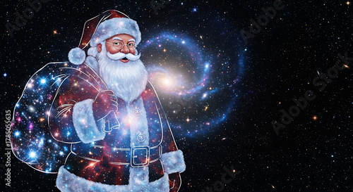 Santa Claus with cosmic background and glowing gift bag in galaxy  
