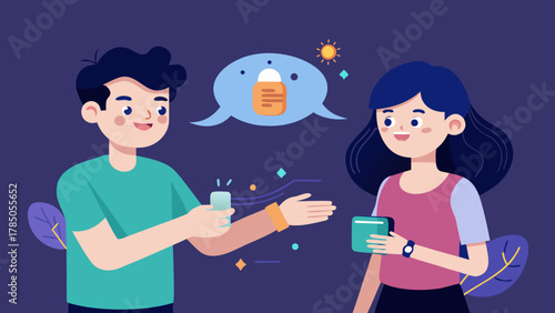 Young man and woman using hand sanitizer while talking and holding smartphones