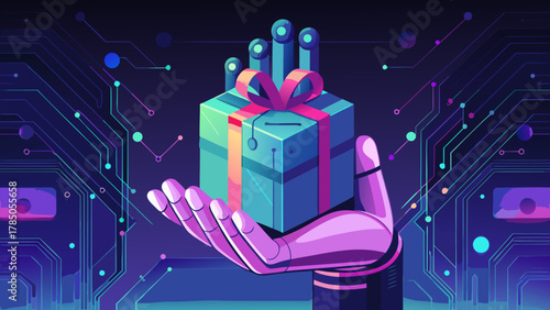 Futuristic robotic hand holding a wrapped gift box on digital circuit background