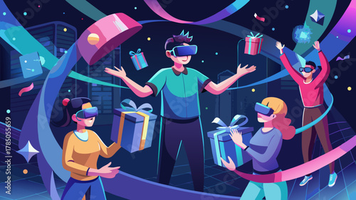 People using VR headsets interacting with virtual gifts in a futuristic digital environment