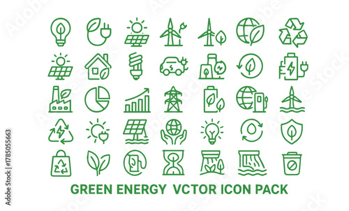 Green Energy and Ecology Line Icons Set. Renewable Power, Sustainability, Environment Protection, and Eco-friendly Technology Vector.