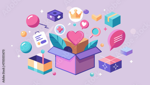 Colorful surprise box with floating icons like heart, crown, gifts and messages on purple background