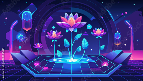 Futuristic digital garden with glowing lotus flowers and neon holographic elements