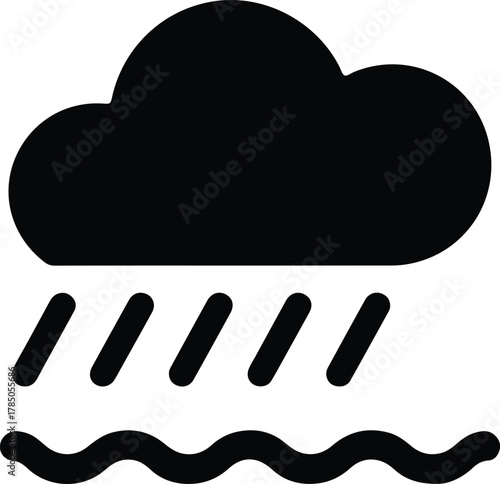 Dark cloud with rain and wavy water icon weather