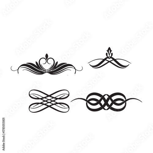 Four Black Ornate Flourishes and Decorative Borders Keywords: flourish, divider, ornate