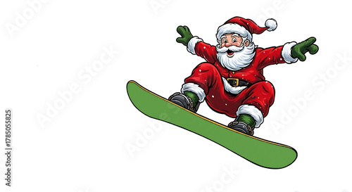Santa Claus snowboarding in festive outfit with cheerful expression  