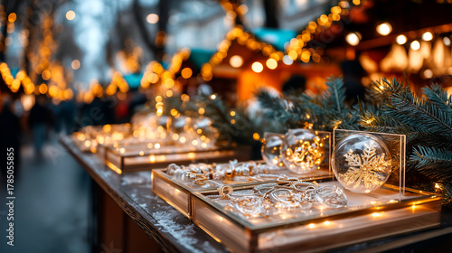 Sparkling winter market displays exquisite jewelry and festive lights, creating a magical holiday shopping atmosphere for perfect gifts