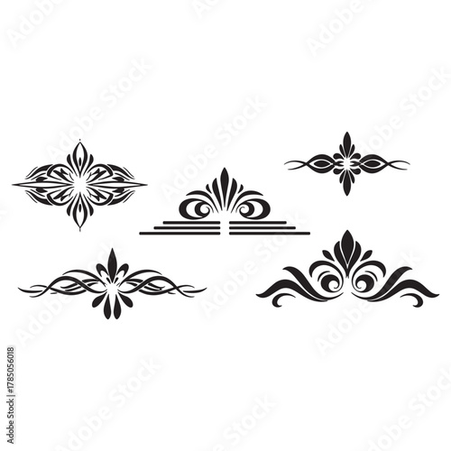 Group of five black decorative ornamental dividers and elements