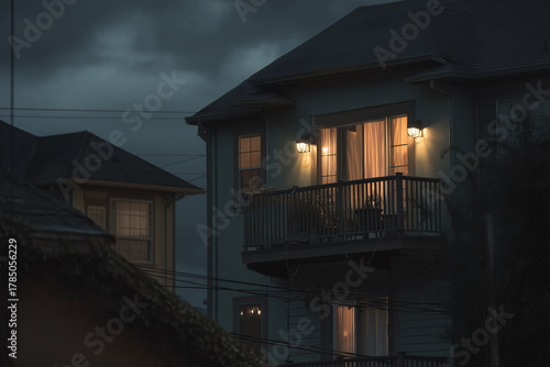 Twilight Urban Resilience Drill Using Balcony Solar-Battery Kit To Power Emergency Lanterns, Neat Cables, Eye-Level Community Scene