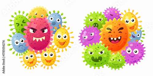 Collection of colorful cartoon viruses with different facial expressions on a white background