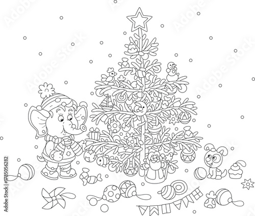 Cute little elephant and a small puppy decorating a Christmas fir tree with holiday balls, toys, sweets and garlands, black and white vector cartoon illustration for a coloring book