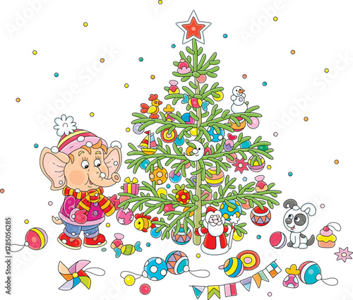 Cute little elephant and a small puppy decorating a green Christmas tree with holiday balls, toys, sweets and garlands, vector cartoon illustration on white
