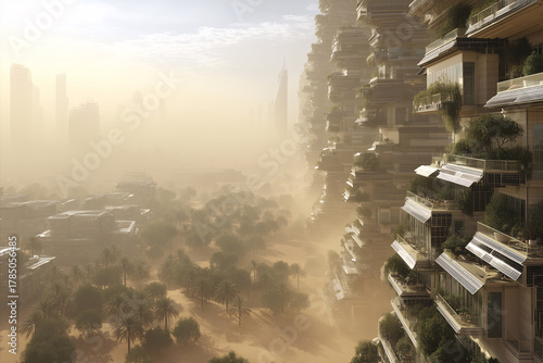 Desert Megacity Net-Zero Retrofit With Tiered Balconies And Bifacial PV After Dust-Storm Break, Golden Clearing Light, Repeating Geometry