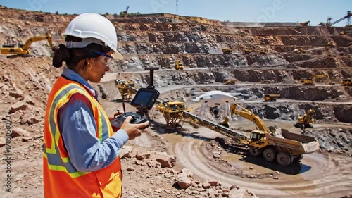Engineer controls drone at mining site.