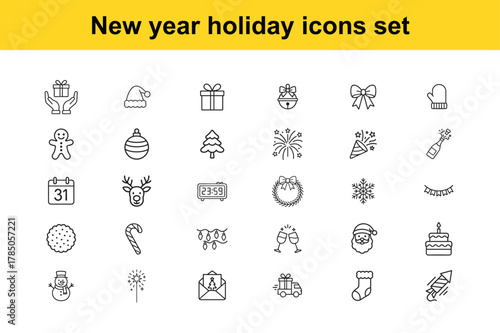 a collection of festive new year holiday icons set in simple black line art style high quality