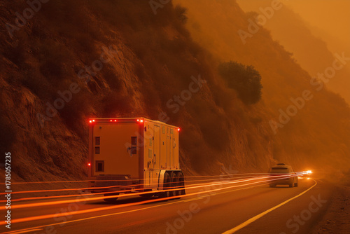 Mountain Pass Evacuation Route With Portable Battery Trailer Charging EV Under Wildfire Smoke, Orange Sky, Roadside Detail, Patrol Beacons, Long-Exposure Light Trails