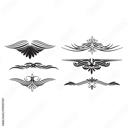 Six Black Decorative Flourishes and Dividers on White Background Keywords: decorative, flourish