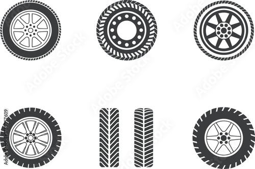 Car tire icon collection, automotive wheel symbols, vehicle wheel rim illustration, transportation spare parts design, black rubber tire vector, isolated