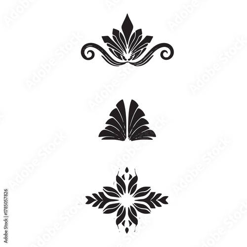 Three Black Decorative Floral and Leaf Motifs flourish