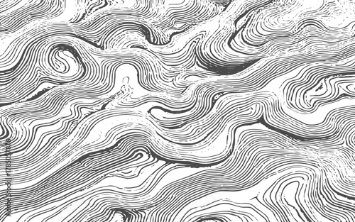 Black and white graphic illustration of geological strata with varied textures and patterns abstract.Abstract layered geological strata texture with hatching and stippling background pattern