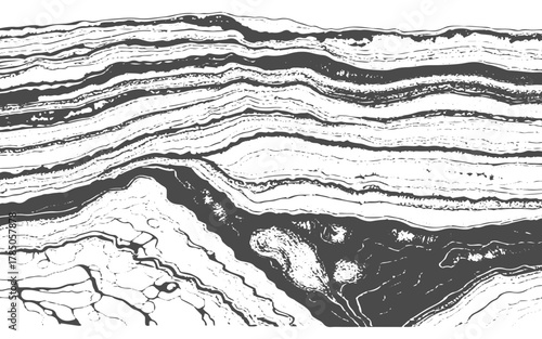 Black and white graphic illustration of geological strata with varied textures and patterns abstract.Abstract layered geological strata texture with hatching and stippling background pattern