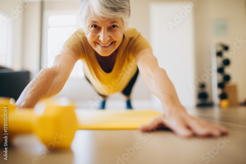 Smiling senior woman practicing yoga indoors. Active elderly female doing fitness exercise, healthy lifestyle and wellness concept.
