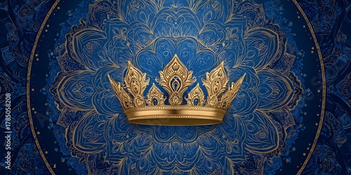 Golden Royal Crown on Luxury Blue and Gold Mandala Background