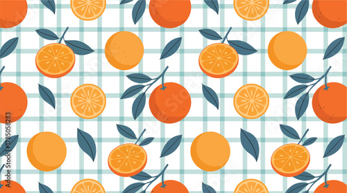 Seamless pattern of oranges with leaves fresh citrus fruit vector illustration on a checkered background