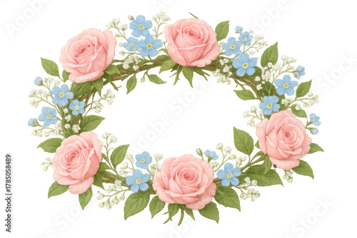 Watercolor floral wreath with pink roses, blue forget-me-nots and baby's breath, elegant spring composition on transparent background