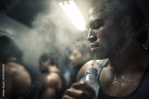 Stadium Tunnel Support Staff Blending Recovery Smoothies After Night Match, Mixed Lighting, Steam In Cold Air, Sports Nutrition Backstage, High-Intensity Event Logistics, Athlete Fueling