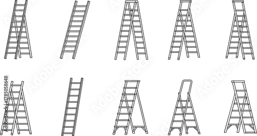 Different types of ladders, realistic vector illustration, construction and safety tools, industrial aluminum stepladders, extension ladders, household maintenance equipment
