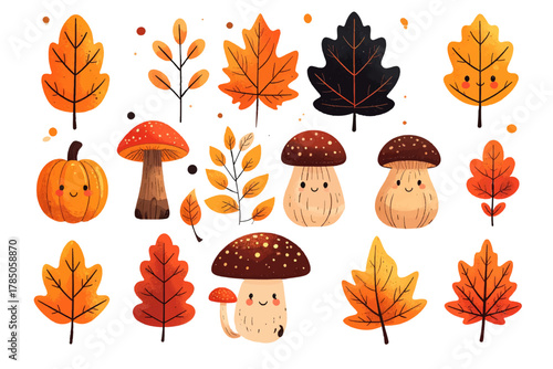 Charming collection of cute autumn doodle illustrations with kawaii mushrooms, colorful fall leaves, and a pumpkin, isolated elements set