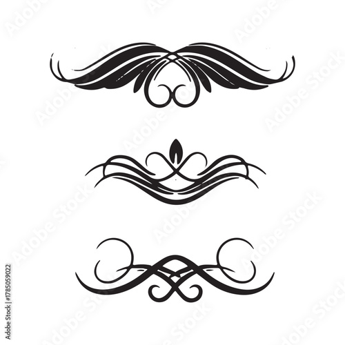 Three Black Decorative Swirls and Flourishes on White Background