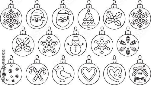 Christmas ball flat line cartoon set. Black linear round balls. Sign New year, icons collection bird, holly, house, deer and candy, snowflakes, sock, Christmas tree, bell. Isolated vector illustration