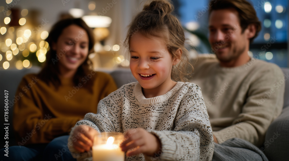 Obraz premium Cozy living room with Advent decorations, child lighting first candle while parents watch, warm golden evening tones, festive and emotional holiday moment Authentic and lifestyle s
