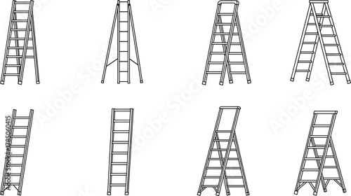 Different types of ladders, realistic vector illustration, industrial safety equipment, folding step ladders, aluminum construction tools, professional maintenance and work design