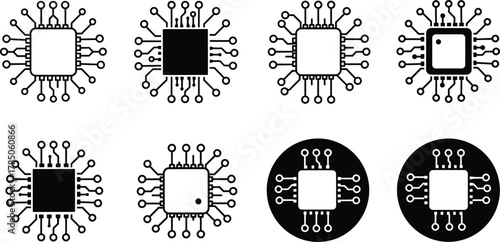 Microchip circuit icon collection, electronic processor symbols, computer chip design, technology motherboard element, semiconductor integrated system vector, digital innovation concept