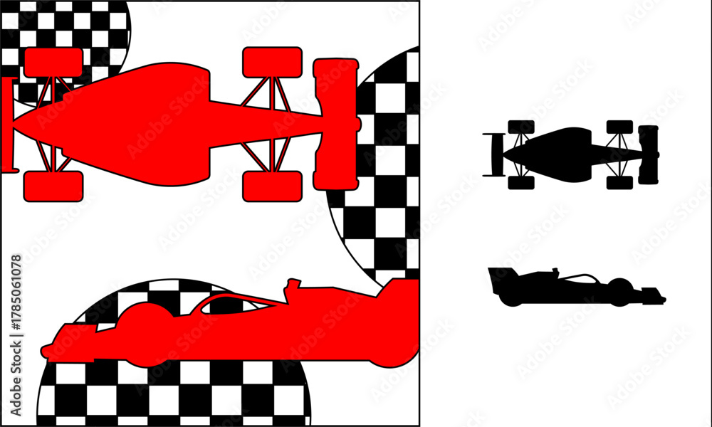 Obraz premium Formula One icons and race car silhouettes, flat design
